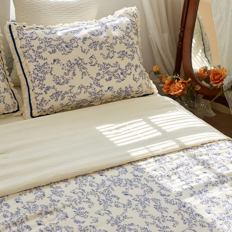 Blue Leaf Ruffled Cotton Gauze Quilt - 2PCS Pillowcases - 19" x 29" - image 6