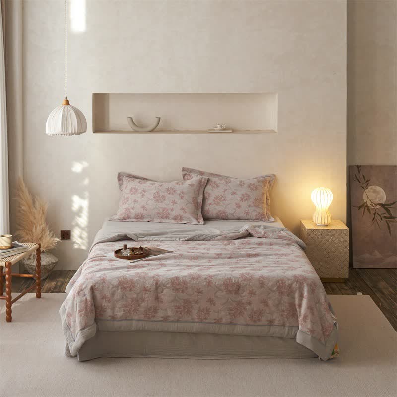 Cotton Gauze Jacquard Elegant Leaf Bedding - Pink - Bedding Set - King - image 0