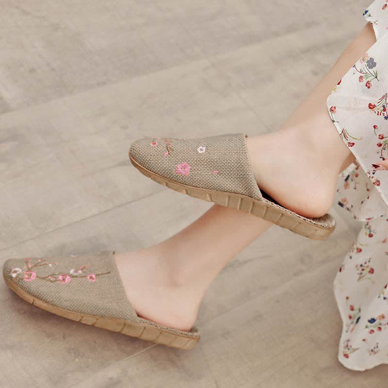 Embroidered Plum Bossom Comfy Flax Slippers - Pink Plum Bossom - L - image 10