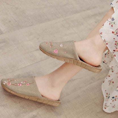 Embroidered Plum Bossom Comfy Flax Slippers - Pink Plum Bossom - L - image 10