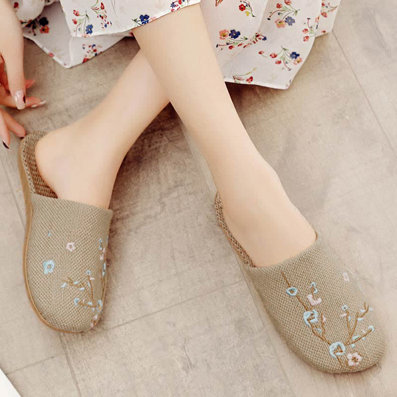 Embroidered Plum Bossom Comfy Flax Slippers - Blue Plum Bossom - L - image 8