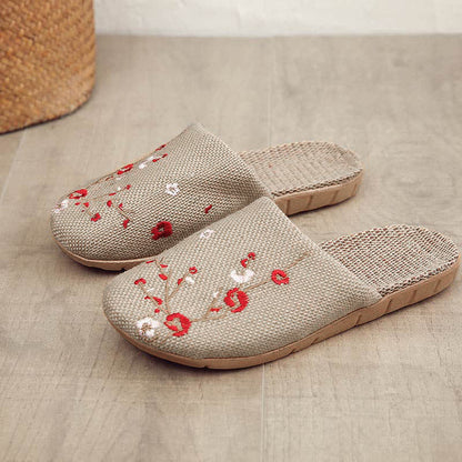 Embroidered Plum Bossom Comfy Flax Slippers - Red Plum Bossom - L - image 4