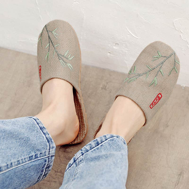 Embroidered Plum Bossom Comfy Flax Slippers - Green Bamboo - 3XL - image 15