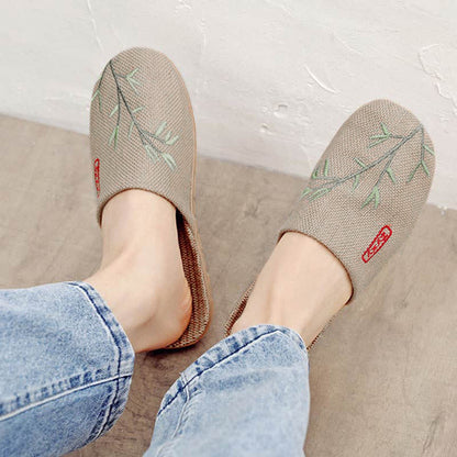 Embroidered Plum Bossom Comfy Flax Slippers - Green Bamboo - 3XL - image 15