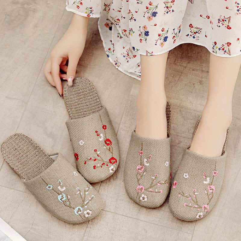 Embroidered Plum Bossom Comfy Flax Slippers - image 0