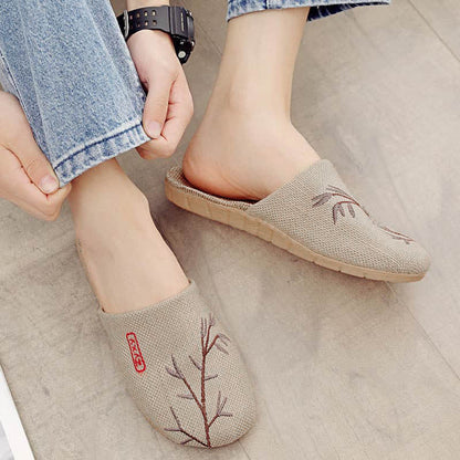 Embroidered Plum Bossom Comfy Flax Slippers - Coffee Bamboo - 3XL - image 13