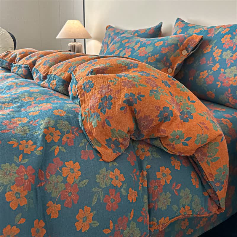 Pastoral Floral Pure Cotton Gauze Bedding(4PCS) - Blue - King - image 2