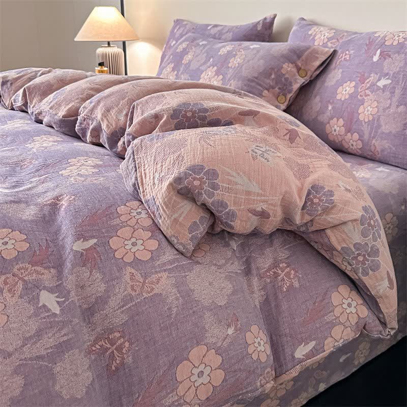 Floral & Butterfly Pure Cotton Gauze Bedding(4PCS) - Purple - King - image 2