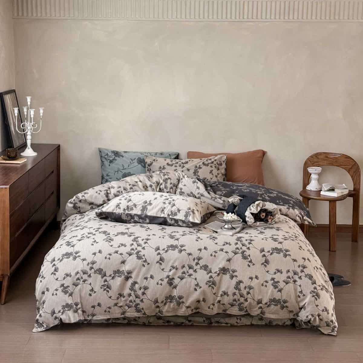 Vintage Ginkgo Leaf Pure Cotton Bedding(4PCS) - Gray - King - image 5