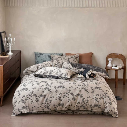 Vintage Ginkgo Leaf Pure Cotton Bedding(4PCS) - Gray - King - image 5