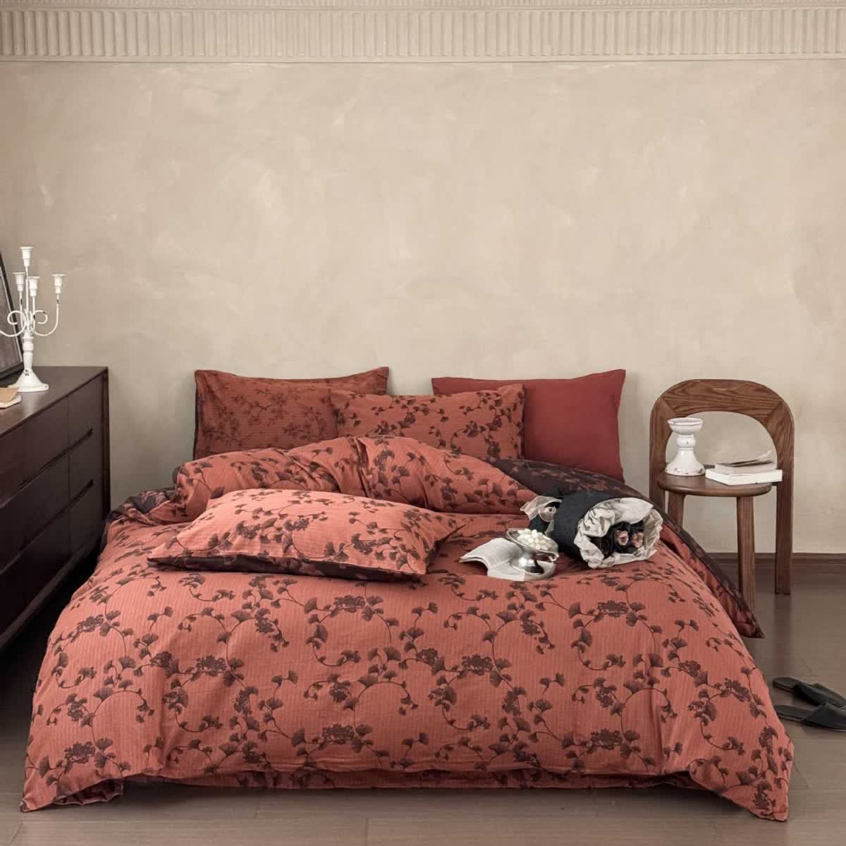 Vintage Ginkgo Leaf Pure Cotton Bedding(4PCS) - Orange - King - image 10