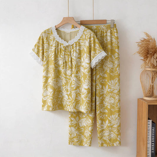 Botanical Cotton Lace Trim Loungewear Set - Yellow - 3XL - image 0