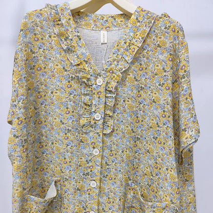 Yellow Floral Cotton Ruffle Loungewear Set - image 3