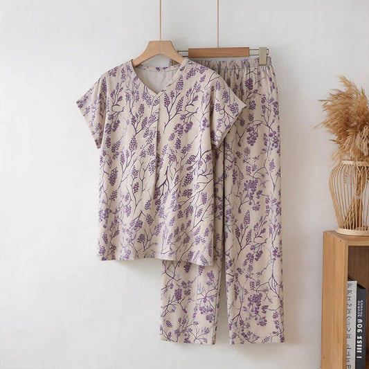 Botanical Floral Cotton Loungewear Set - Beige - 3XL - image 0