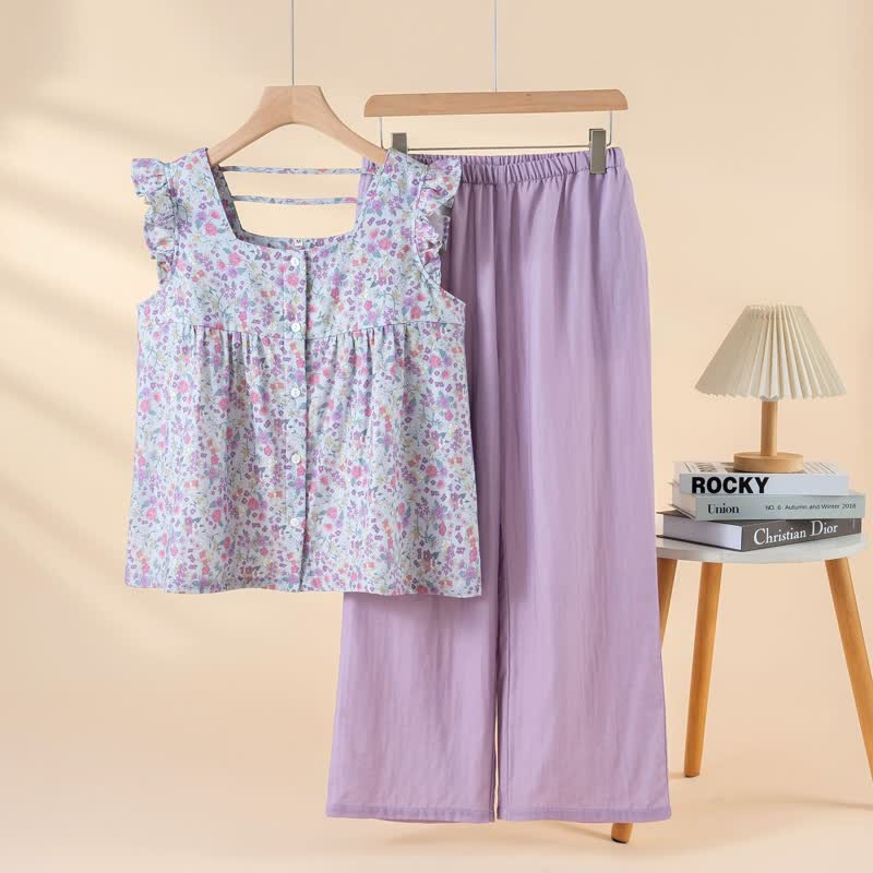 Floral Cotton Gauze Ruffle Loungewear Set - Purple - XL - image 0