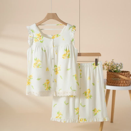 Osmanthus Ruffle Lace Sleeveless Loungewear Set - White - XL - image 0