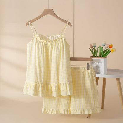 Soft Gingham Cotton Ruffle Loungewear Set - Yellow - XL - image 9