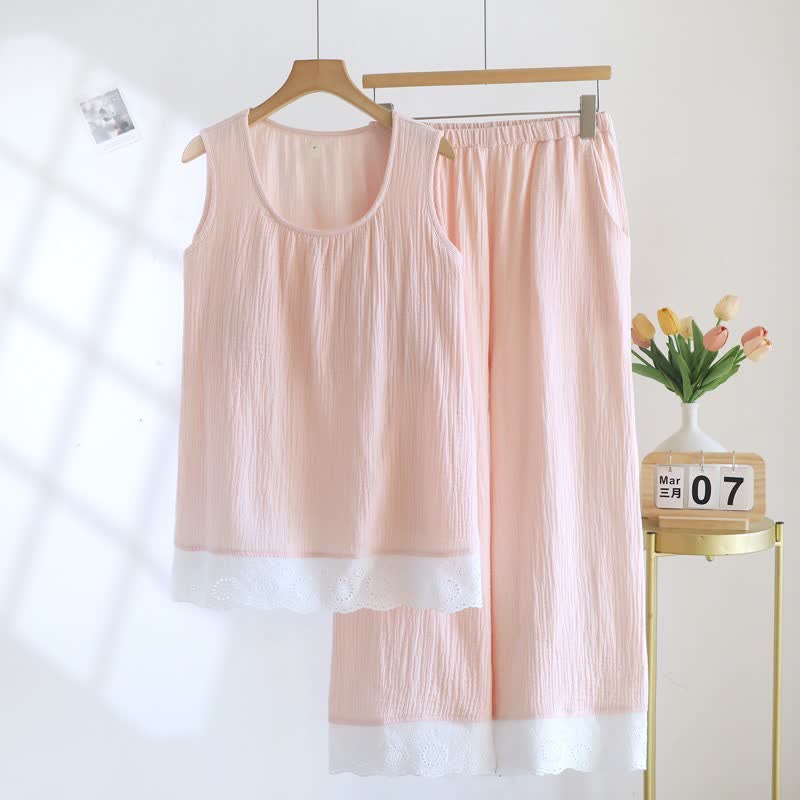Solid Cotton Gauze Lace Loungewear Set - Pink - XXL - image 2