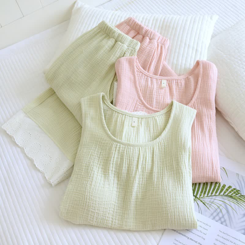 Solid Cotton Gauze Lace Loungewear Set - image 1