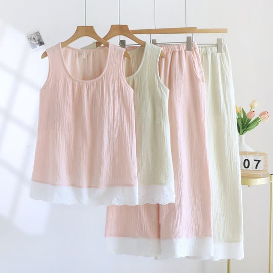Solid Cotton Gauze Lace Loungewear Set - image 0
