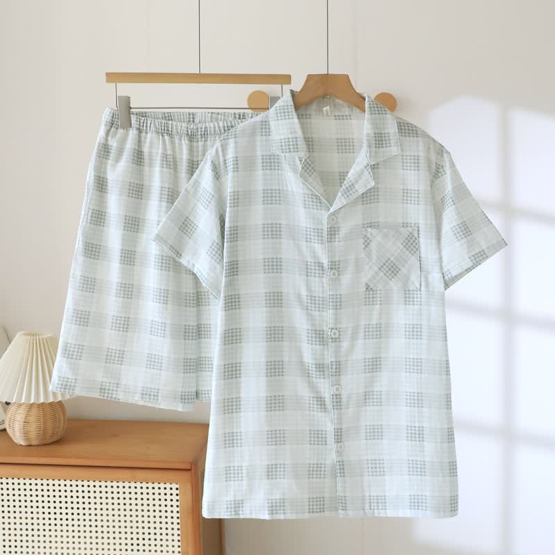 Short-Sleeve Cotton Plaid Sleepwear Set - Light Green - XXL - image 13