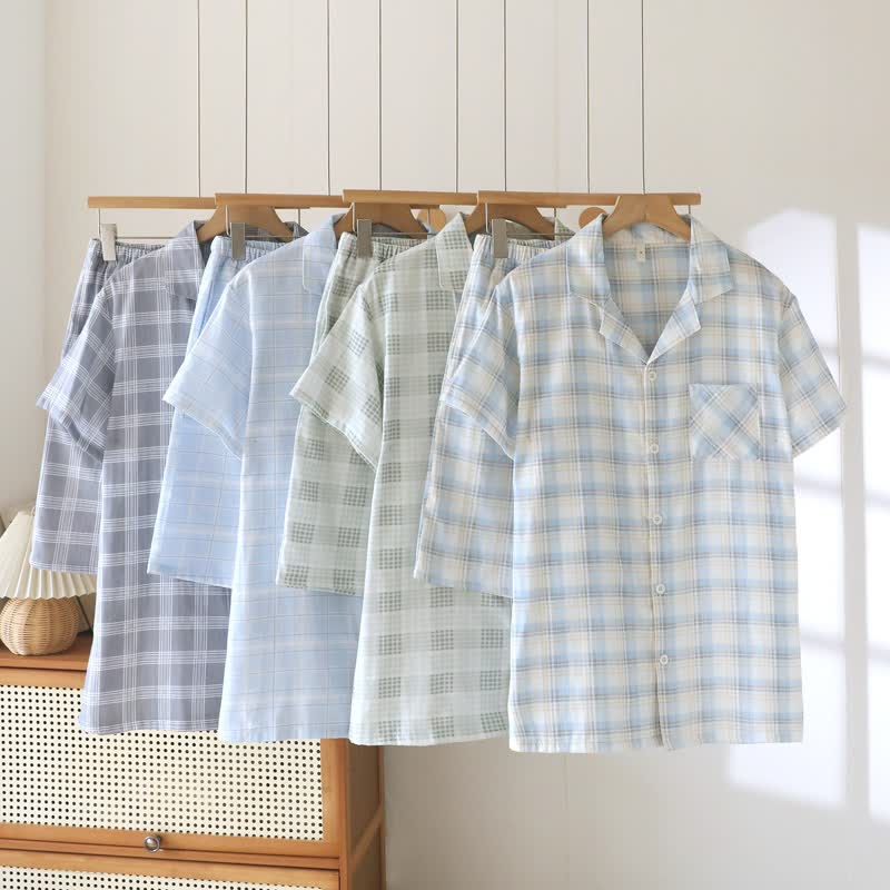 Short-Sleeve Cotton Plaid Sleepwear Set - image 1