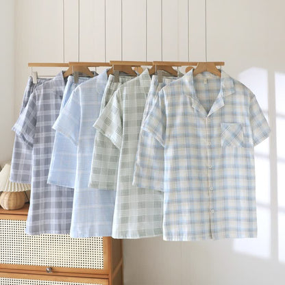 Short-Sleeve Cotton Plaid Sleepwear Set - image 1