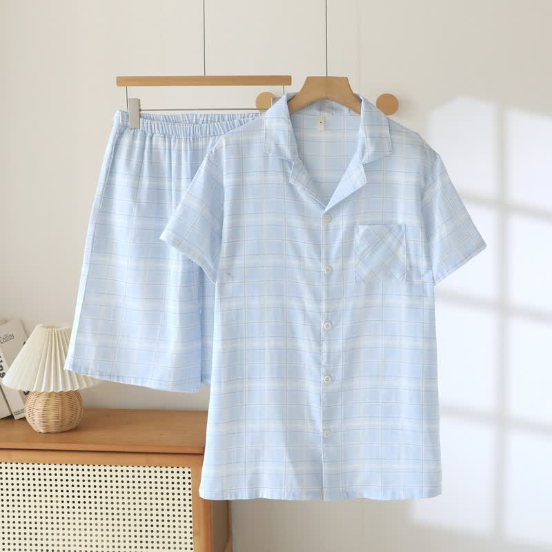 Short-Sleeve Cotton Plaid Sleepwear Set - Blue & White - XXL - image 2