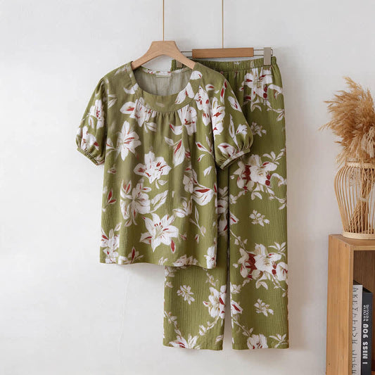 Olive Floral Cotton Loungewear Set - Olive Green - 3XL - image 0