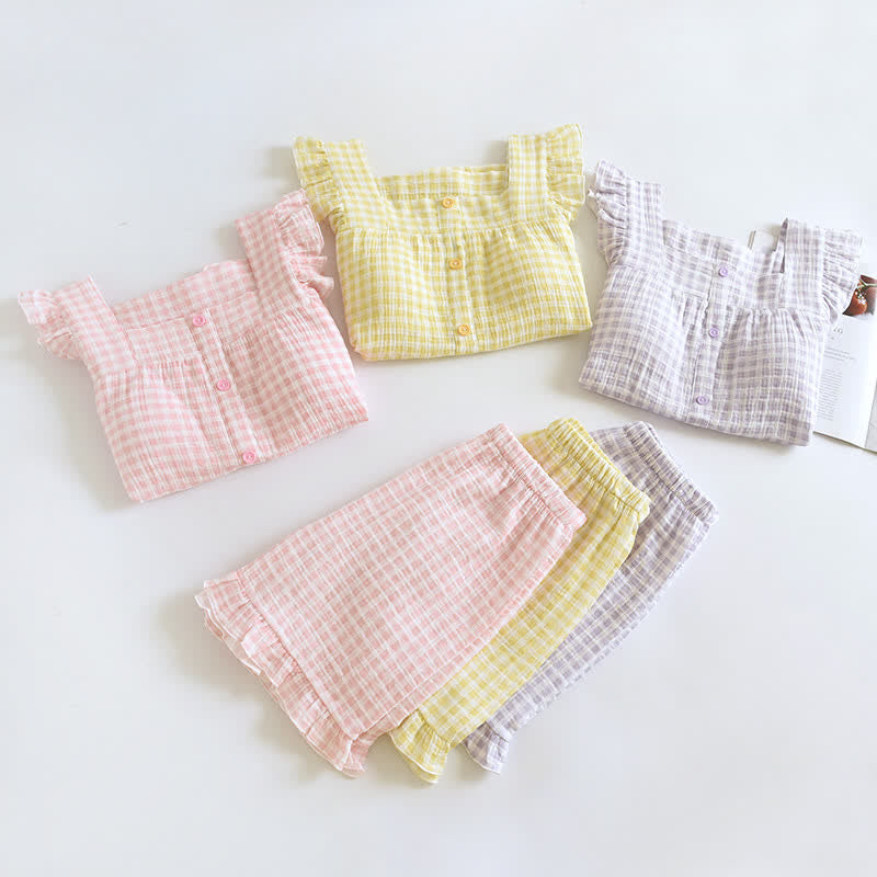 Ruffle Sleeve Gingham Cotton Pajama Set - image 1