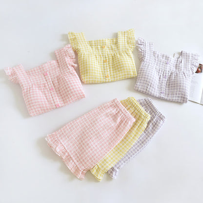 Ruffle Sleeve Gingham Cotton Pajama Set - image 1
