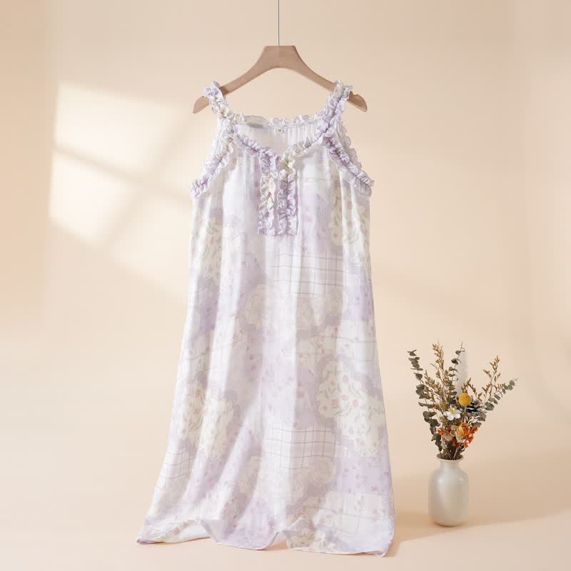 Ruffle Neck Floral Bamboo Cotton Nightgown - Purple - XL - image 4