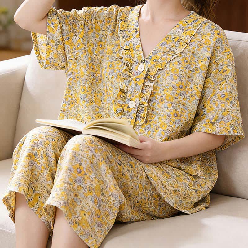 Yellow Floral Cotton Ruffle Loungewear Set - image 2