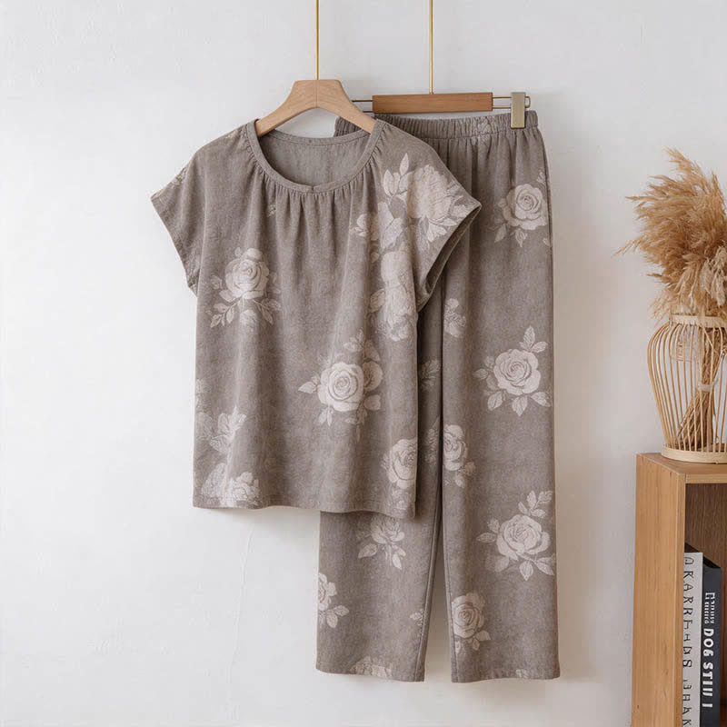Retro Floral Cotton Pajama Set - Light Gray - 3XL - image 0