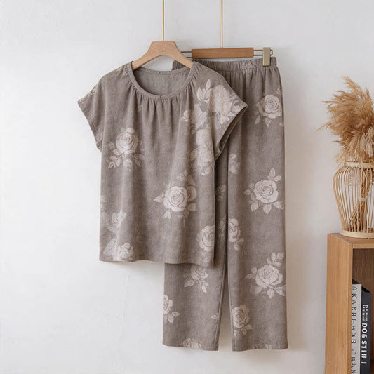 Retro Floral Cotton Pajama Set - Light Gray - 3XL - image 0