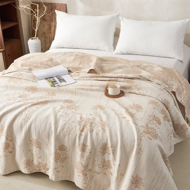Elegant Floral Cotton Muslin Quilt Blanket - Camel - Queen - image 7