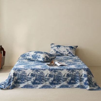 Country Toile Pure Cotton Sheet Bedspread - Royal Blue - 2PCS Pillowcases - 40" x 20" - image 0