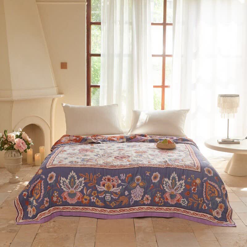Bohemian Border Floral Cotton Quilt Blanket - image 1