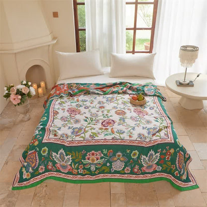 Bohemian Border Floral Cotton Quilt Blanket - King - Green - image 3