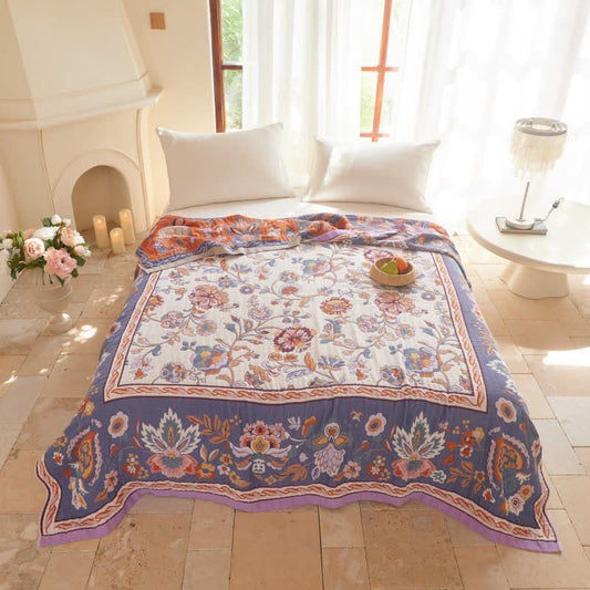 Bohemian Border Floral Cotton Quilt Blanket - King - Purple - image 0