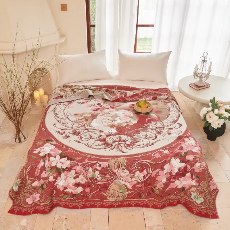 Medallion Floral Cotton Gauze Quilt Blanket - Queen - Red - image 0