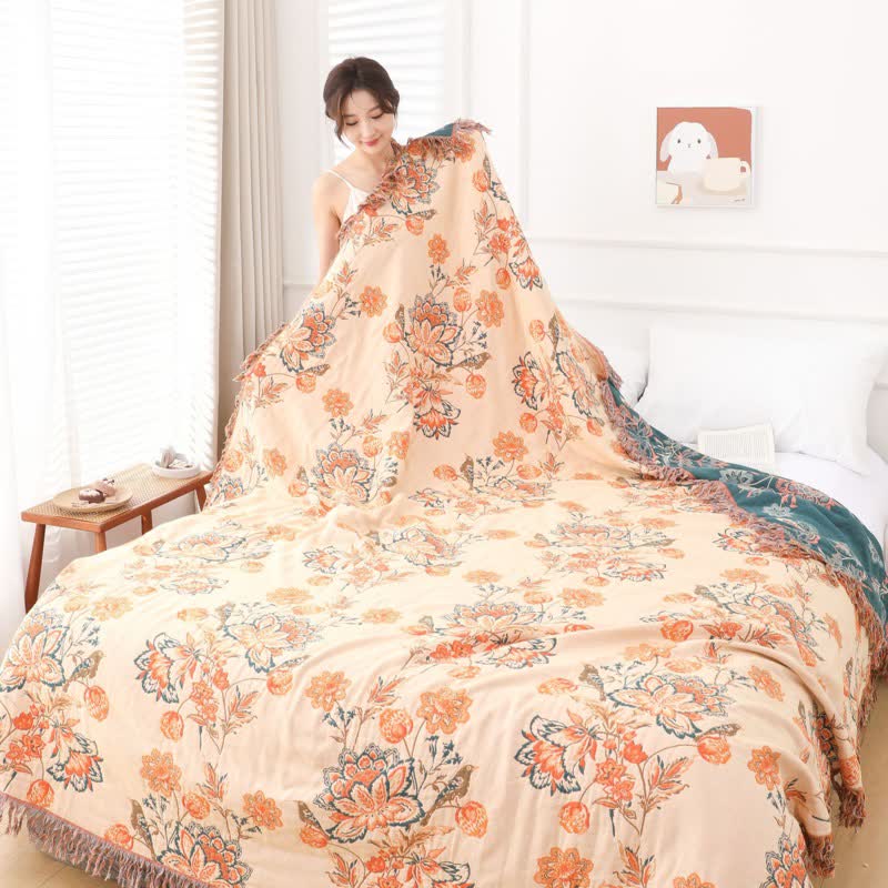 Tassel Reversible Floral Cotton Quilt Blanket - image 2