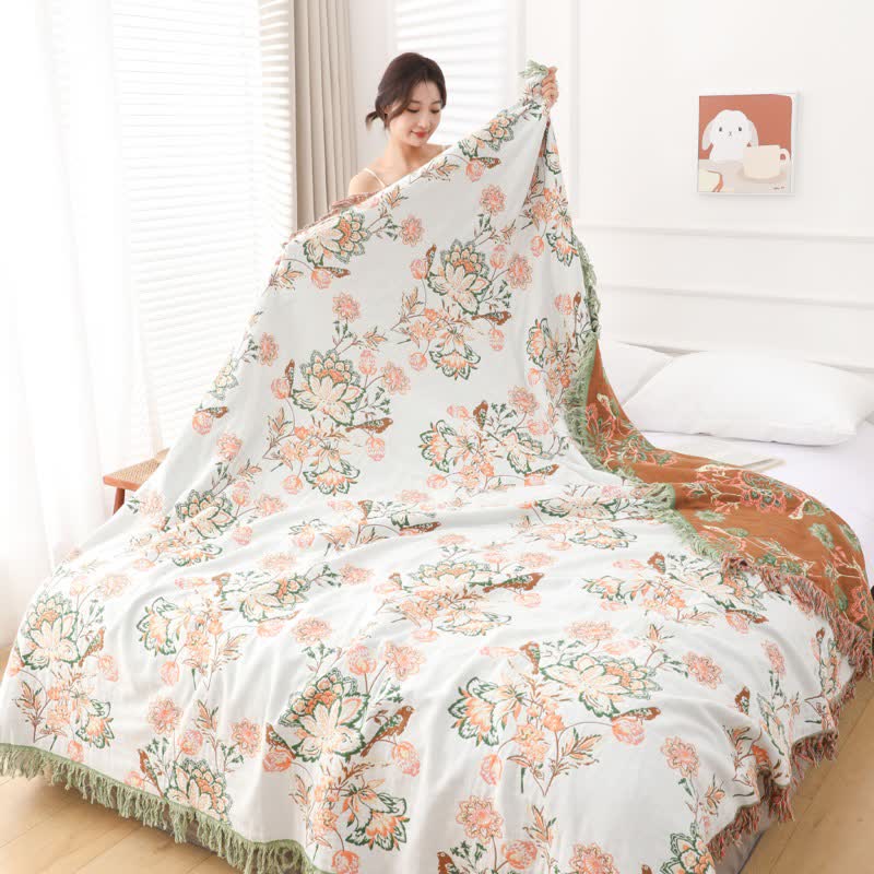 Tassel Reversible Floral Cotton Quilt Blanket - image 8