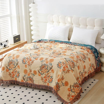 Tassel Reversible Floral Cotton Quilt Blanket - image 1