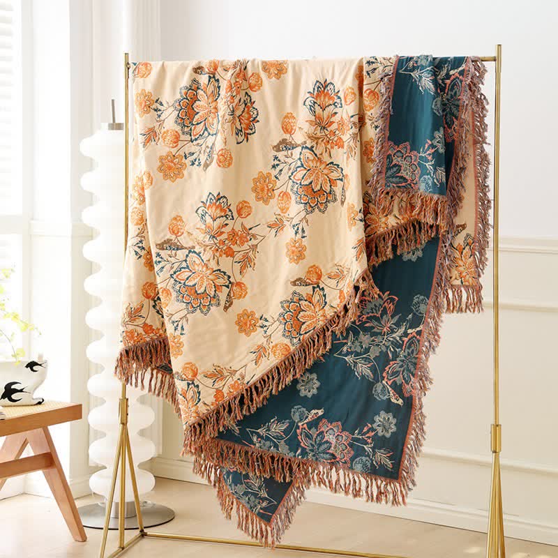 Tassel Reversible Floral Cotton Quilt Blanket - image 3