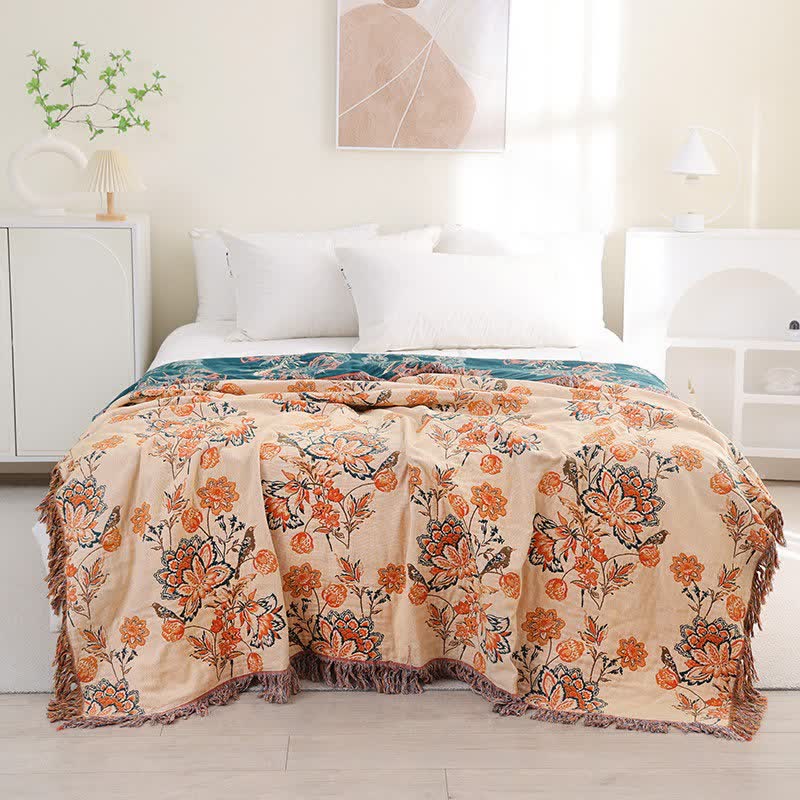 Tassel Reversible Floral Cotton Quilt Blanket - Orange - Queen - image 0