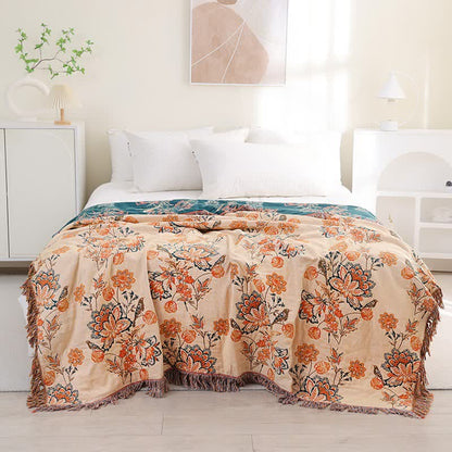 Tassel Reversible Floral Cotton Quilt Blanket - Orange - Queen - image 0