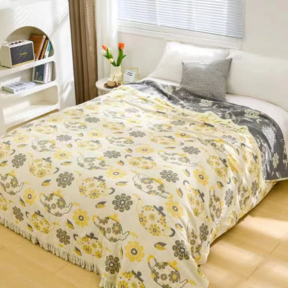 Teapot Floral Cotton Gauze Quilt Blanket - Yellow - Queen - image 0