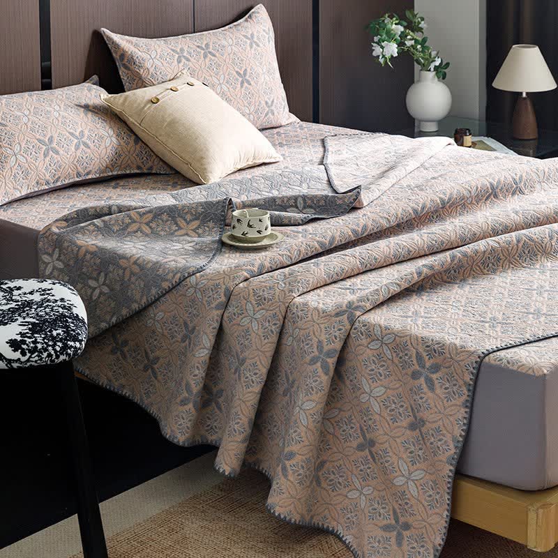Geometric Floral 3-Layer Cotton Gauze Quilt - Orange - King - image 4