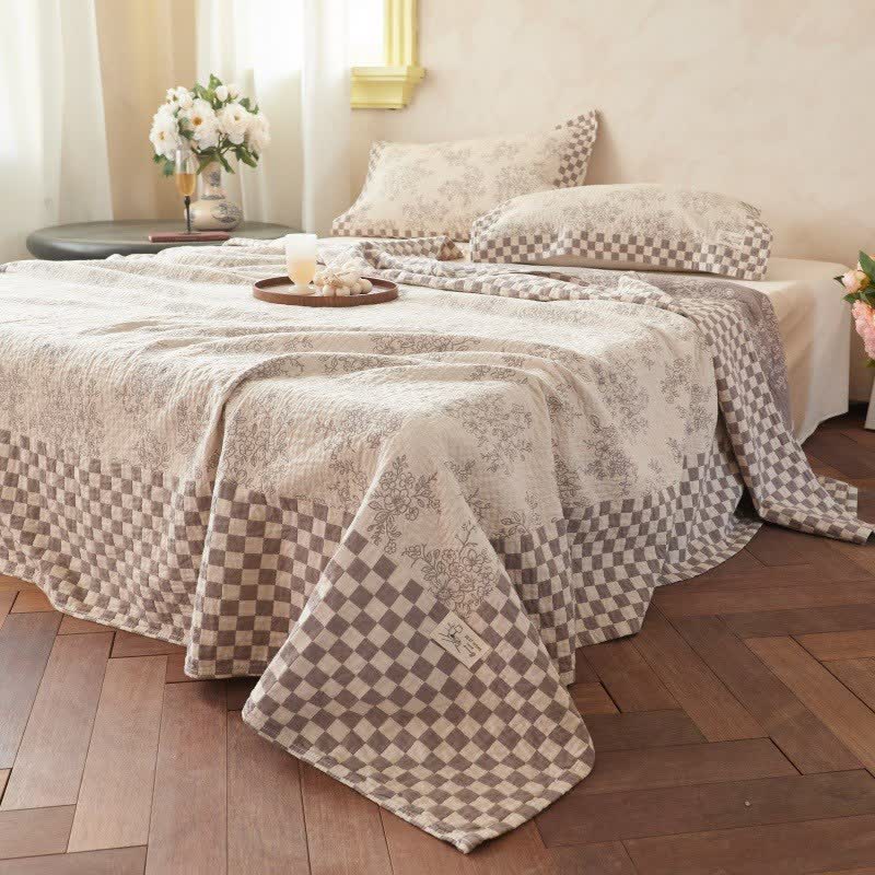 Floral Checkerboard Cotton Gauze Quilt Blanket - image 1